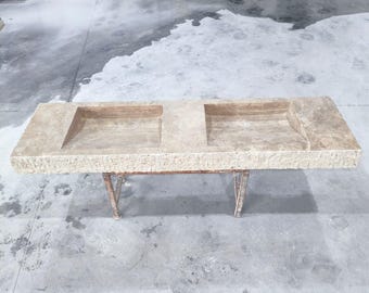 Lavabo doble de travertino para baño: encimera de mármol personalizada montada en la pared con encimera de piedra natural para tocadores de lujo
