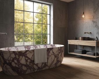 Wanna z marmuru Calacatta Viola 160x80x60 cm | Luksusowa wolnostojąca wanna z naturalnego kamienia | Ręcznie wykonana wanna z hydromasażem od MarmoraDesign