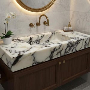 Lavabo de pared de mármol Calacatta Viola, lavabo flotante de piedra natural, lavabo de lujo para tocador, lavabo de mármol para tocador.