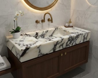 Calacatta Viola Marble Wall Mount Sink Natural Stone Floating Washbasin Luxury Powder Room Bathroom Countertop Basin Marble Vanity Sink