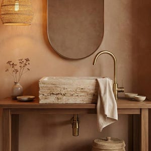 Hand-Carved Travertine Wall Mount Sink with Rough Chiseled Etched Finish, Rectangular Stone Vanity Basin for Bathroom or Powder Room