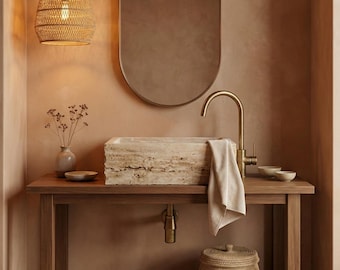 Hand-Carved Travertine Wall Mount Sink with Rough Chiseled Etched Finish, Rectangular Stone Vanity Basin for Bathroom or Powder Room