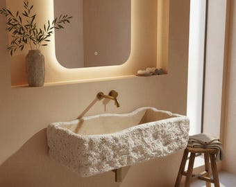 Lavandino rustico in marmo travertino, lavabo in pietra naturale personalizzato / Lavandino da bagno montato a parete fatto a mano
