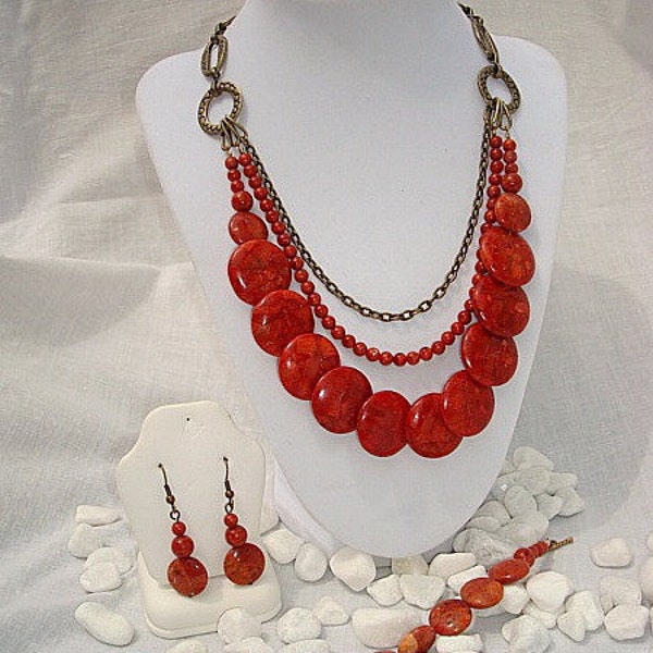 Sponge Coral Necklace, Bracelet & Earrings Set in an antique brass three strand design.
