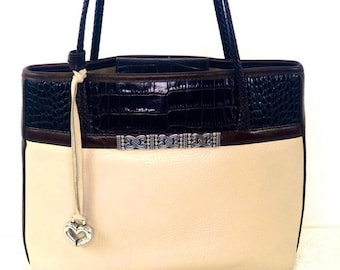 Brighton Vintage Beige Leather Dark Brown Crock Trim Shoulder Bag