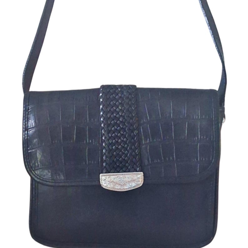 Bolso bandolera organizador vintage Brighton de piel de cocodrilo en negro y marrón imagen 1