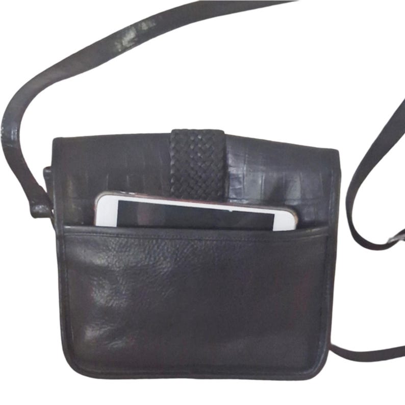 Bolso bandolera organizador vintage Brighton de piel de cocodrilo en negro y marrón imagen 2