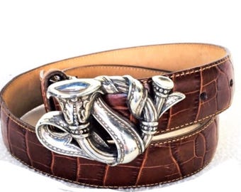 Brighton Belt M Brown EUC Croc Embossed Mixed Metal Western Ornate Silver/Gold Brighton Western Belt Brown Croc Embossed Silver Gold  main image 4