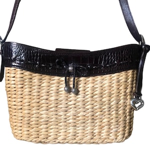 Brighton Vintage Straw & Brown Croc Leather Shoulder Bag image 1