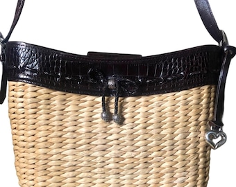 Brighton Vintage Straw & Brown Croc Leather Shoulder Bag