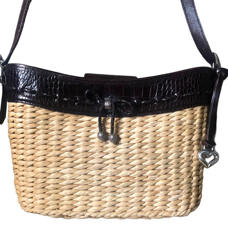 Brighton Vintage Straw & Brown Croc Leather Shoulder Bag image 1