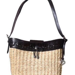 Brighton Vintage Straw & Brown Croc Leather Shoulder Bag image 2