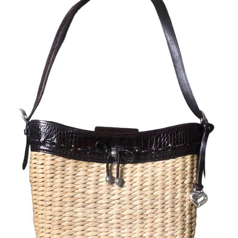 Brighton Vintage Straw & Brown Croc Leather Shoulder Bag image 2