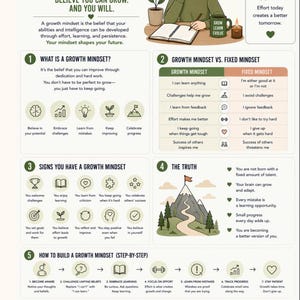 Könnte beinhalten: Eine lehrreiche Infografik mit dem Titel 19 Growth Mindset, die Text, Symbole und Illustrationen enthält. Sie erklärt Konzepte der Wachstumseinstellung, Vergleiche mit festen Einstellungen, Anzeichen für Wachstum und tägliche Gewohnheiten.