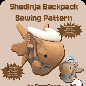 Może przedstawiać: Wzór szycia plecaka Shedinja, z opcjami na torbę na ramię, torebkę i poduszkę na szyję. Wzór oferuje cztery rozmiary, od ogromnej pluszowej zabawki po małą torebkę i brelok. Zaprojektowany przez EzraSews.