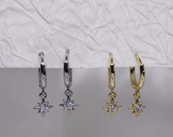 Dainty Star Hoop Earrings – Sterling Silver & 18K Gold, Celestial Jewelry