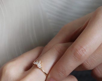 Dainty Marquise Diamond Ring: Gold Flower Cluster, Adjustable Band