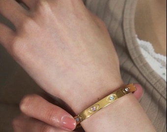Evil Eye Bangle Bracelet: 18K Gold Plated Crystal Protection Jewelry