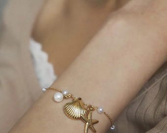 Perlenarmband, Muschelarmband, Muschelarmband, Strand Schmuck Geschenk für sie, vergoldetes Armband, Küstenschmuck