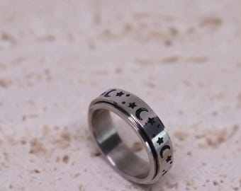 Moon and Stars Spinner Ring: Stainless Steel Celestial Meditation Jewelry