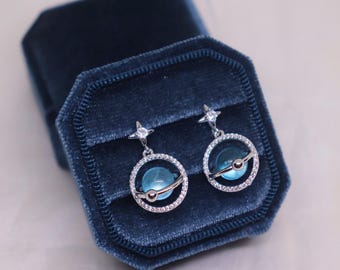 Minimalist Planet Drop Earrings, Silver Orbit Dangle Earrings, Celestial Jewelry Gift for Her