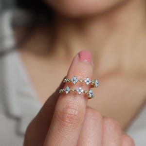 Blue Opal Flower Ring, Adjustable Dainty Ring, Floral Ring Gift for Her, Gold Open Ring, Nature Inspired Jewelry