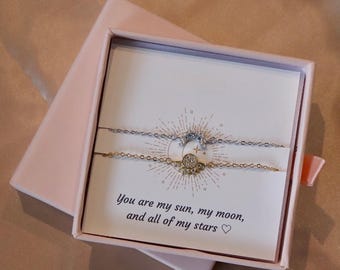 Conjunto de pulseiras combinando Sol e Lua, pulseira celestial para casal, joia para amizade e mãe e filha, presente para almas gêmeas, presente de aniversário.