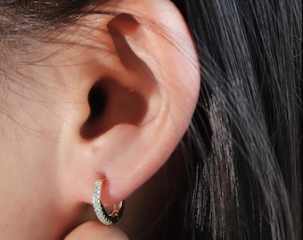 Dainty 14K Gold Turquoise Pave Huggie Hoop Earrings