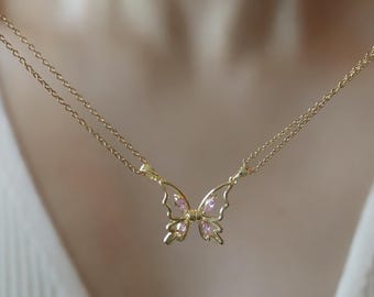 Pink Crystal Butterfly Necklace Set: Gold Plated BFF Jewelry, Christmas Gift for Her