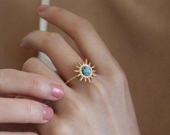 Anel do Sol: Joia Boho Celestial com Pedra Turquesa, Ideal para Aniversário ou Dia das Mães