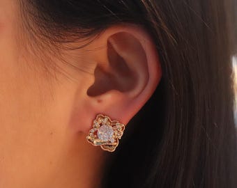 Floral Stud Earrings, Gold Crystal Flower Earrings, Elegant Statement Studs, Romantic Jewelry Gift for Her