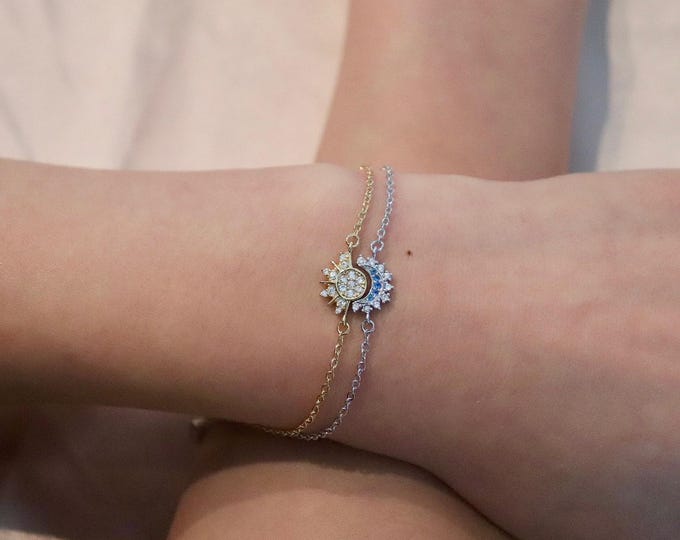 Sun & Moon Sterling silver Bracelet Set: Celestial Couple Jewelry