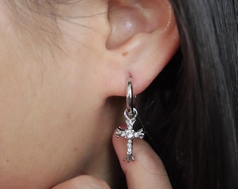 Silver Cross Hoop Earrings, Dainty Charm