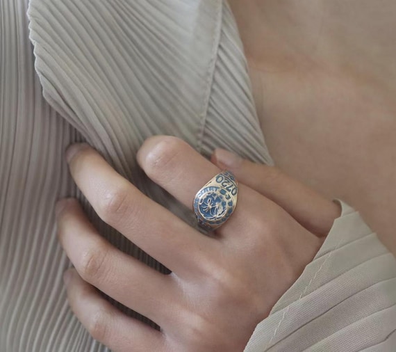 Moon Landing Ring: 1969 Apollo Tribute, Blue Enamel Signet, Space