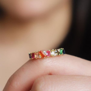 Rainbow Gemstone Gold Eternity Band, Dainty Stacking Ring, Pride Jewelry