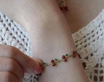 Cherry Charm Bracelet: Gold-Plated Enamel Fruit Jewelry