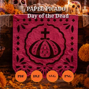 May include: A bright pink rectangular papel picado sheet featuring a central die-cut design of a crown topped with a cross, surrounded by a scalloped border and geometric corner cutouts. The text PAPEL PICADO | Day of the Dead is visible.