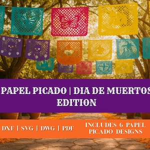 May include: Colorful papel picado banners in various shapes and colors, including teal, pink, yellow, and orange, are strung across a blurred outdoor background. The banners feature intricate cut-out designs. Text on a purple banner reads "PAPEL PICADO | DIA DE MUERTOS EDITION."