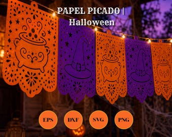 Halloween Papel Picado SVG Bundle 12 Cut Files DXF PNG Cricut Silhouette Laser Cut Spooky Banner Template Digital Download