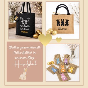 May include: A collage of Easter-themed items. A black tote bag with a white bunny design and the text "Frohe Ostern! THERESA". A burlap tote bag with three bunny silhouettes and the word "Mama". Small burlap bags with bunny designs and names.