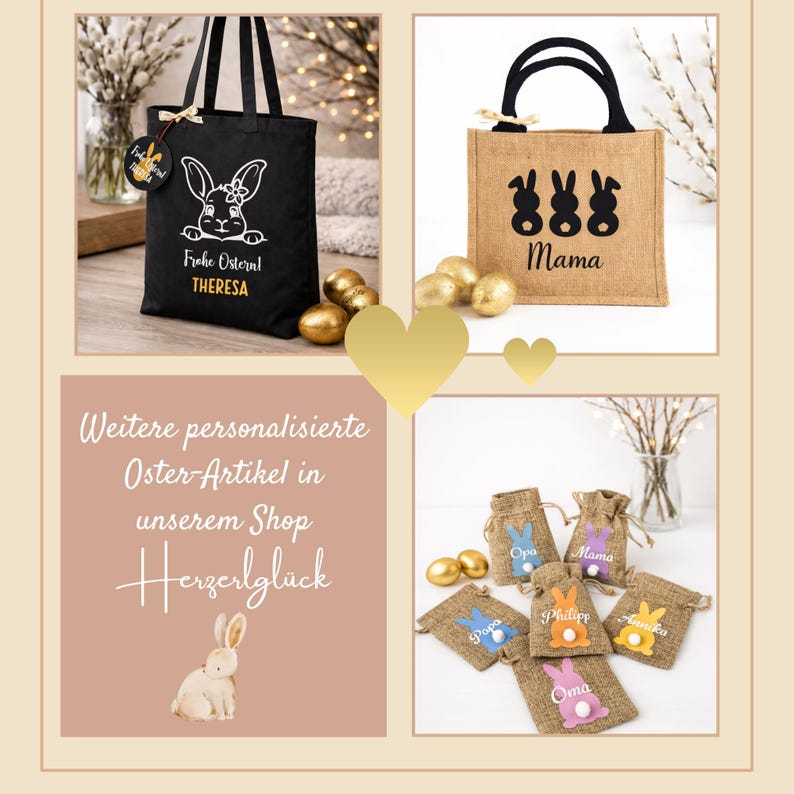 May include: A collage of Easter-themed items. A black tote bag with a white bunny design and the text "Frohe Ostern! THERESA". A burlap tote bag with three bunny silhouettes and the word "Mama". Small burlap bags with bunny designs and names.
