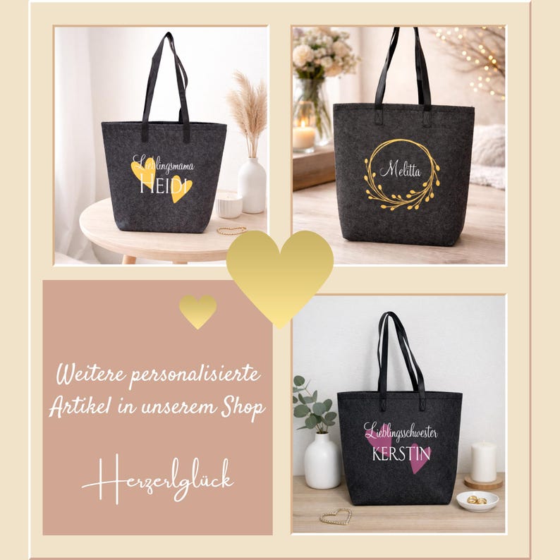May include: A collage of dark gray tote bags with black handles. Each bag features personalized text and designs in gold and pink. One bag says "Lieblingsmama HEIDI" with gold hearts. Another says "Melitta" in a gold wreath. The last says "Lieblingsschwester KERSTIN" with a pink heart.