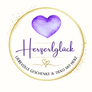 May include: A circular logo with a purple watercolor heart at the top. The word "Herzerlgl&uuml;ck" is written in cursive below the heart. The text "LIEBEVOLLE GESCHENKE & DEKO MIT HERZ" is written in a semi-circle around the bottom of the logo.