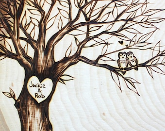 Owl Love Design: Wood slice rustic theme wedding guest books. Personalized