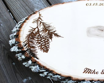 Winter Pine Design Set: Wood slice rustic theme wedding guest books. Personalized