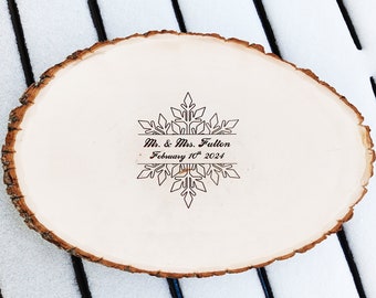 Winter Snowflake Design: Wood slice wintery wonderland snow wedding guest book. Personalized
