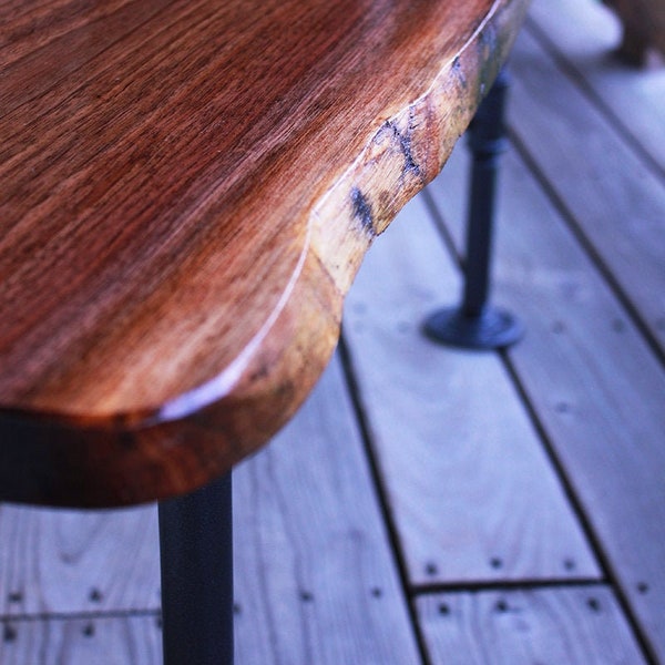 Engraved Rustic Live Edge Hardwood Wood Bench with pipe or hairpin legs