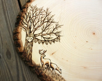 Deer Banner Design: Wood slice rustic theme wedding guest books. Personalized