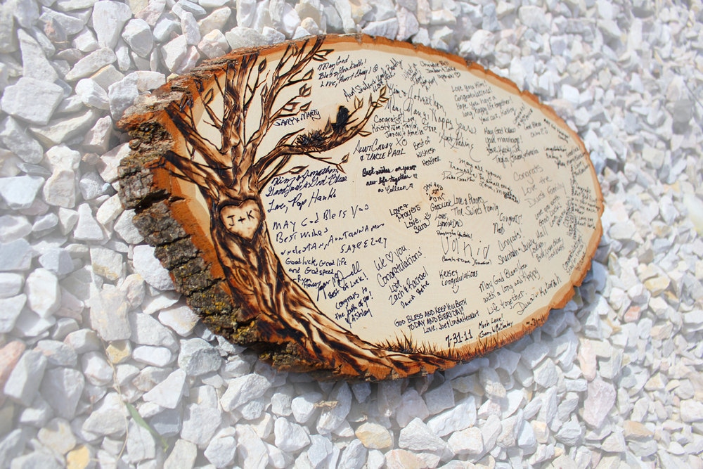 Original Design: Wood slice rustic theme wedding guest books. Personalized