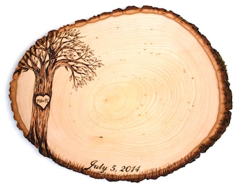 Script Date Design: Wood slice rustic theme wedding guest books. Personalized